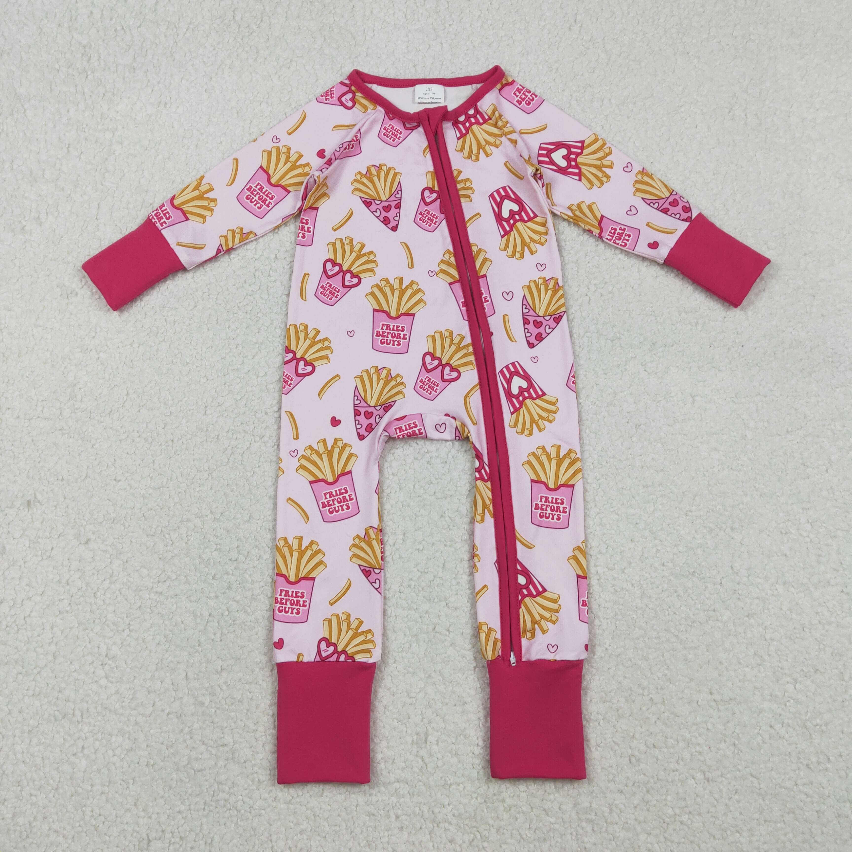 LR2843 RTS baby girl clothes heart fries girl valentines day zip romper