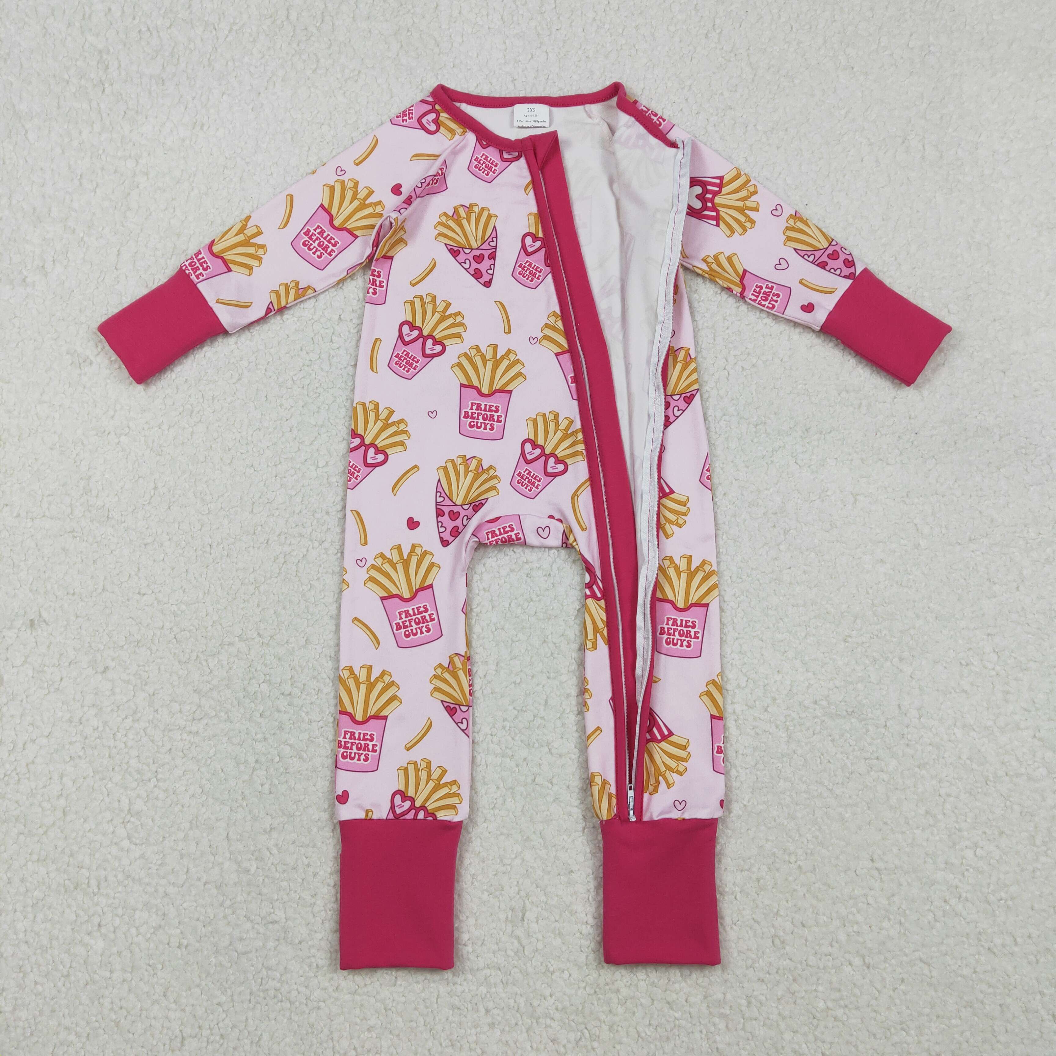 LR2843 RTS baby girl clothes heart fries girl valentines day zip romper