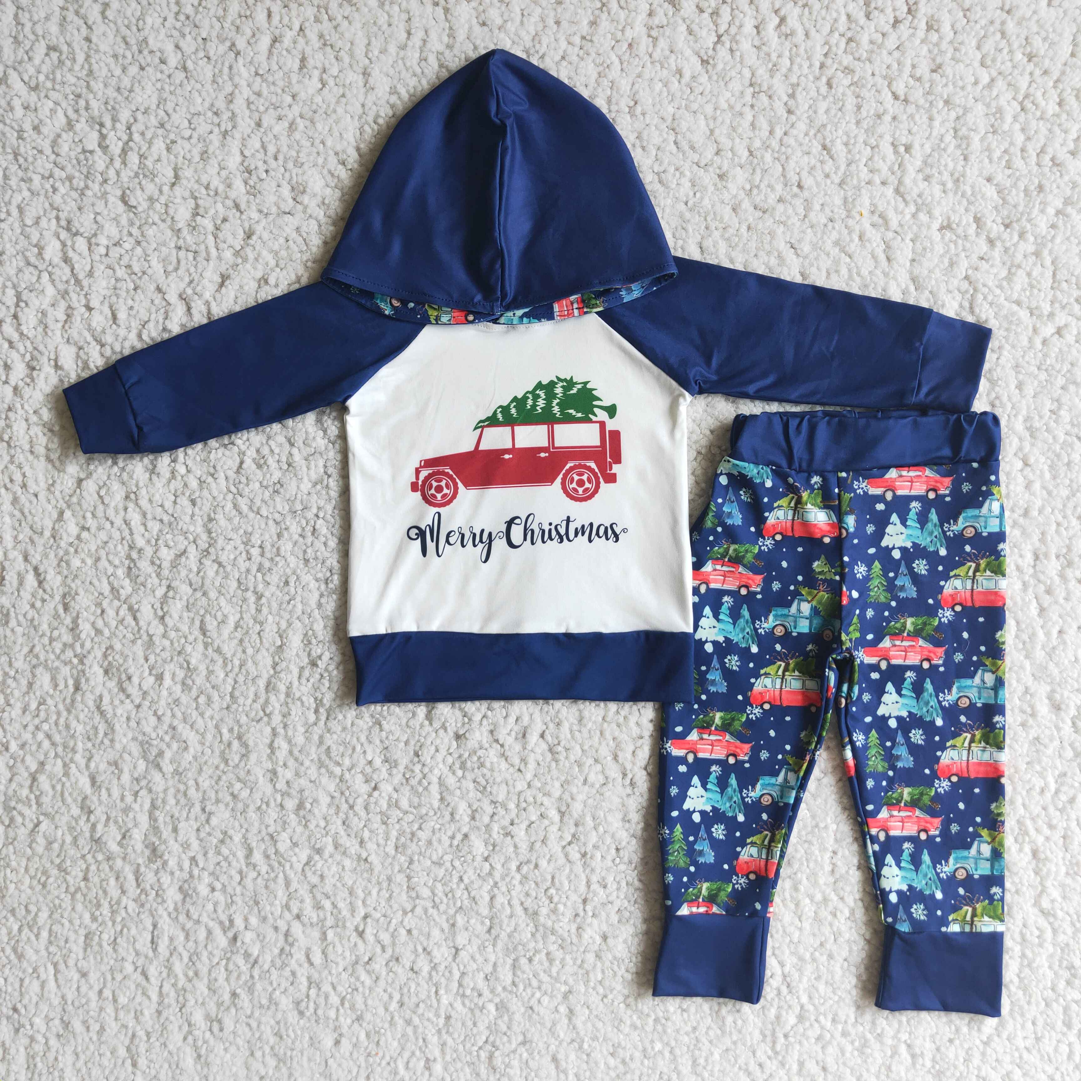 6 A12-13 Boy tree truck navy hoodies christmas set - -promotion 2024.11.30 $2.99