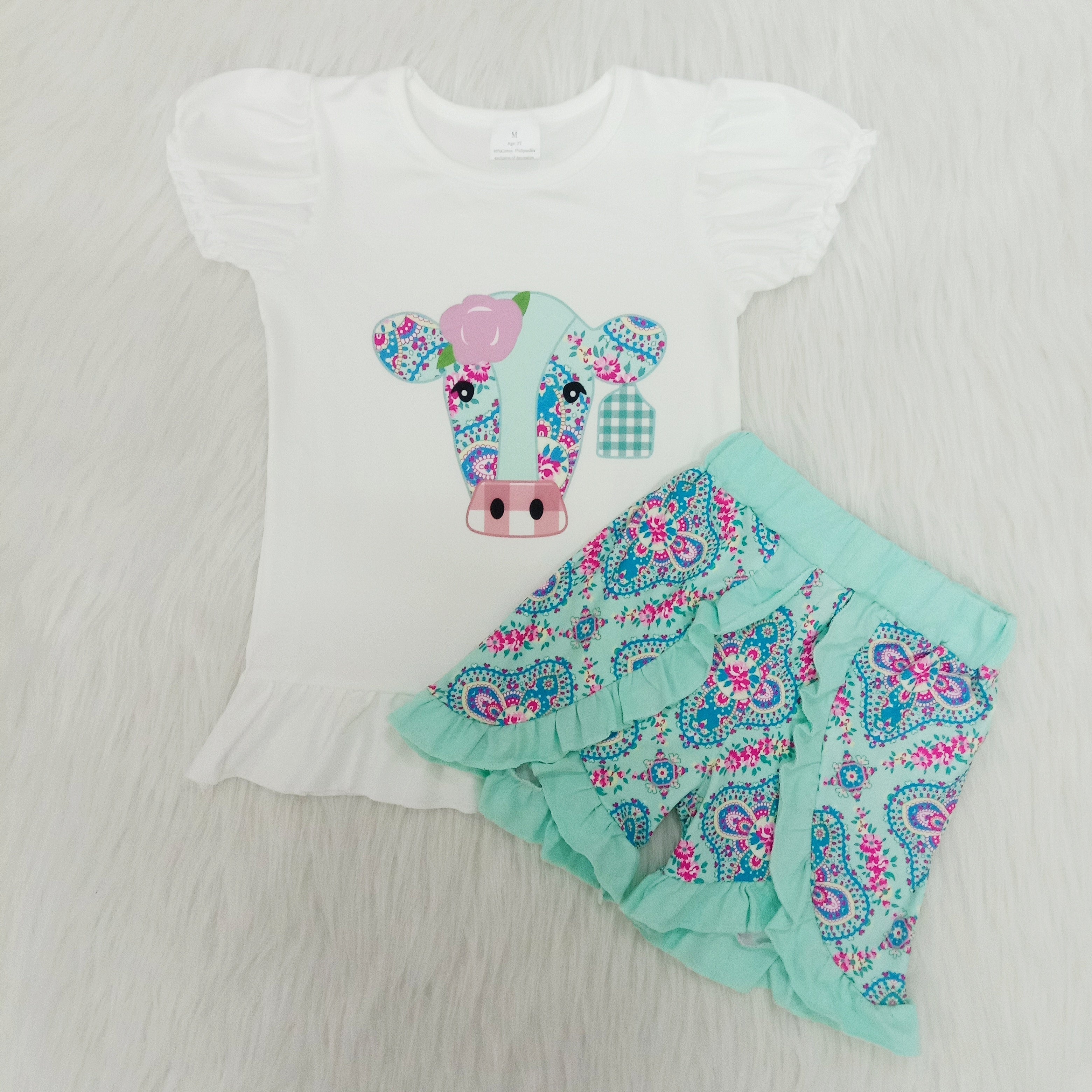 A4-12 girl cow farm short sleeve summer set--promotion 2025.4.26 $2.99