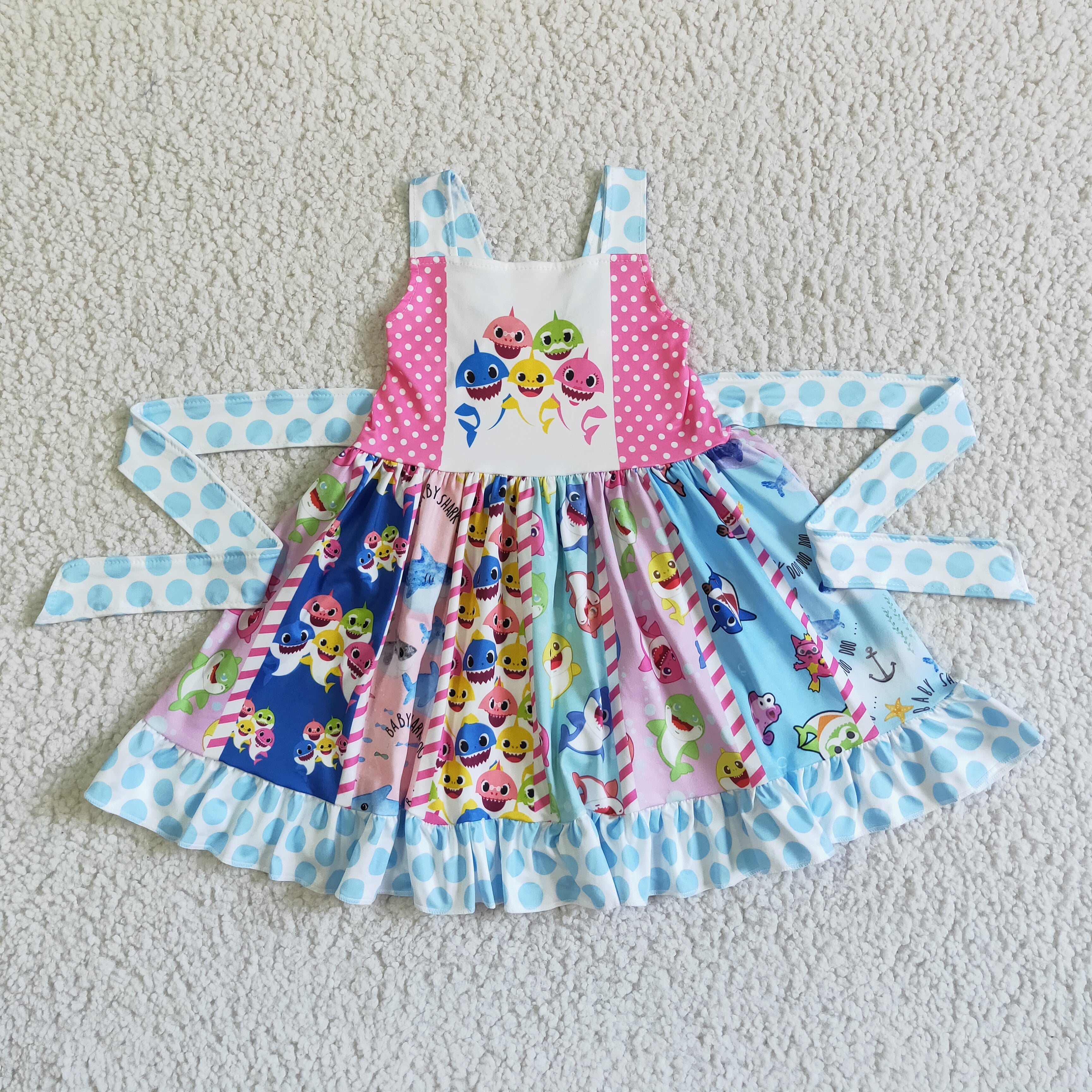 A10-23 girl blue cartoon sleeveless twirl summer dress-promotion 2024.1.6