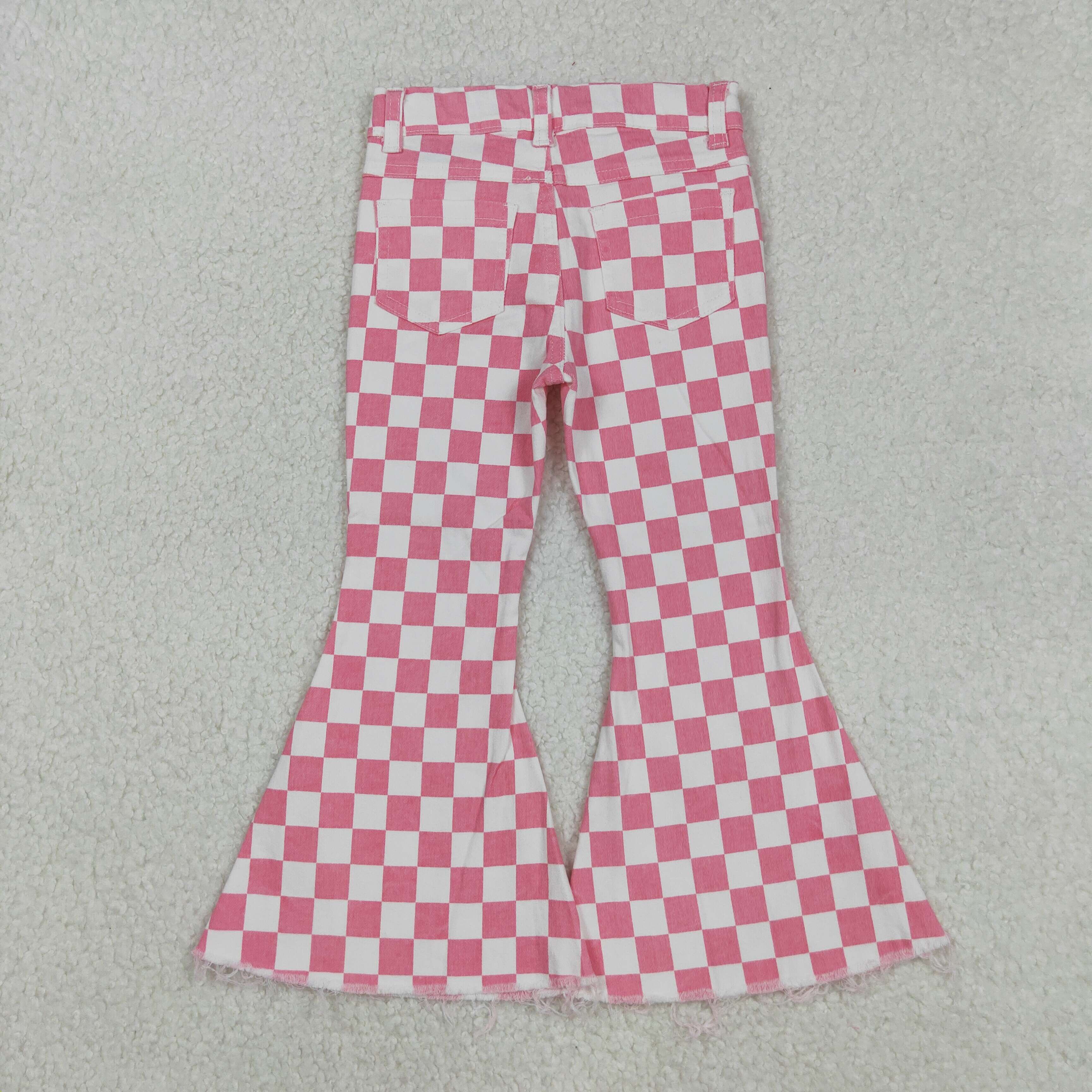 P0348 baby girl clothes girl jeans pink plaid toddler bell bottom jeans valentines day clothes
