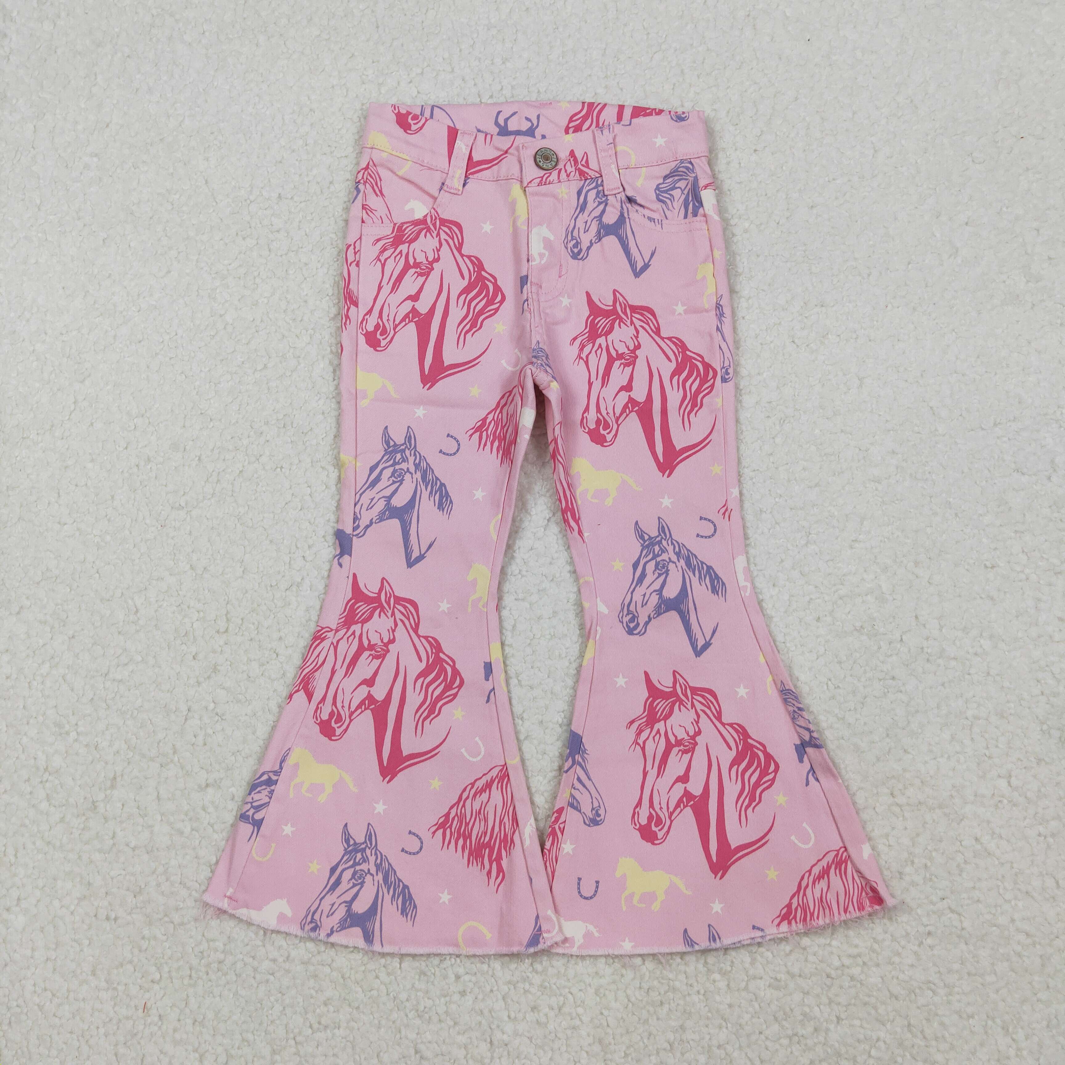 P0431 RTS baby girl clothes pink horse girl bell bottoms pants girls jeans