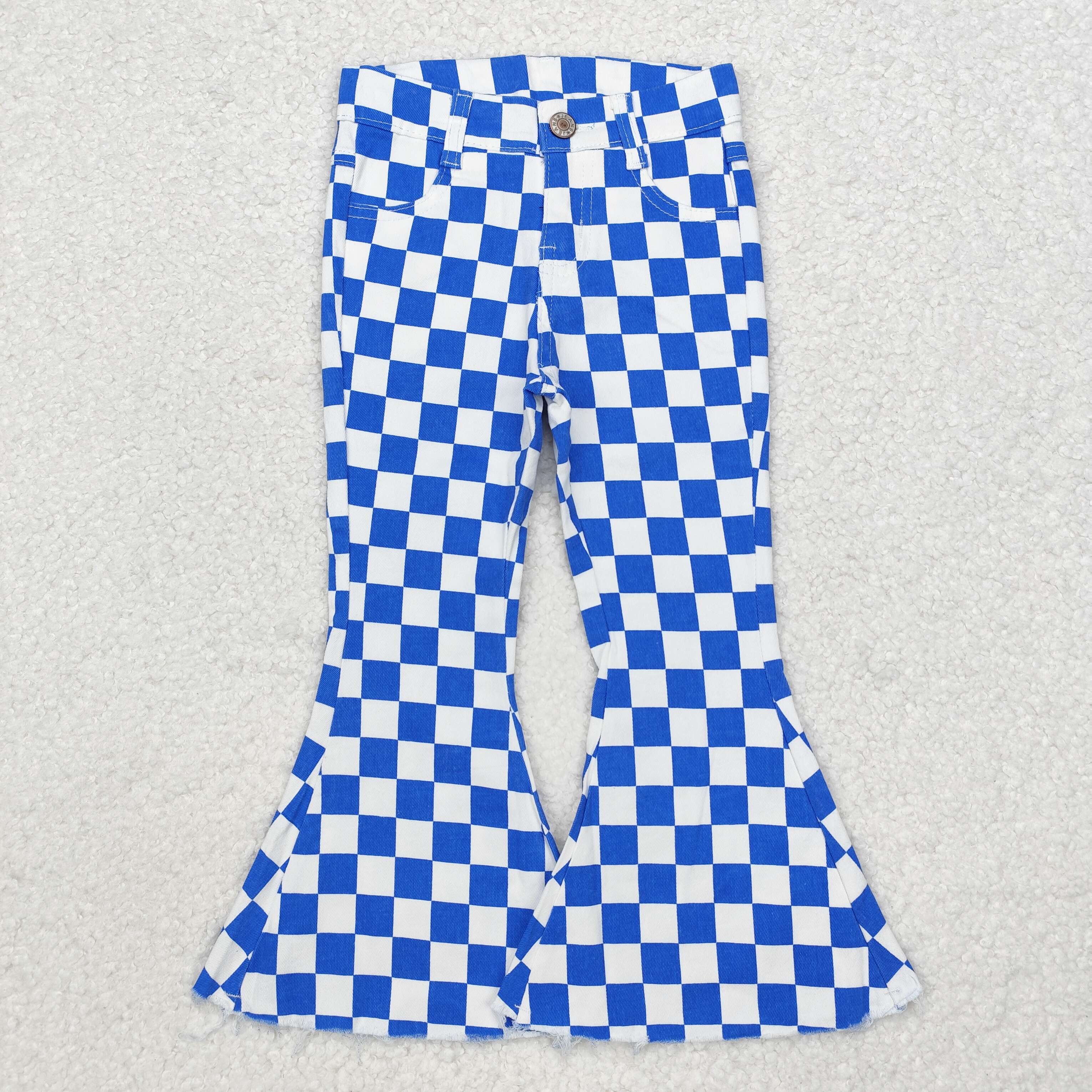 P0610 RTS baby girl clothes blue gingham girl bell bottoms pant jeans