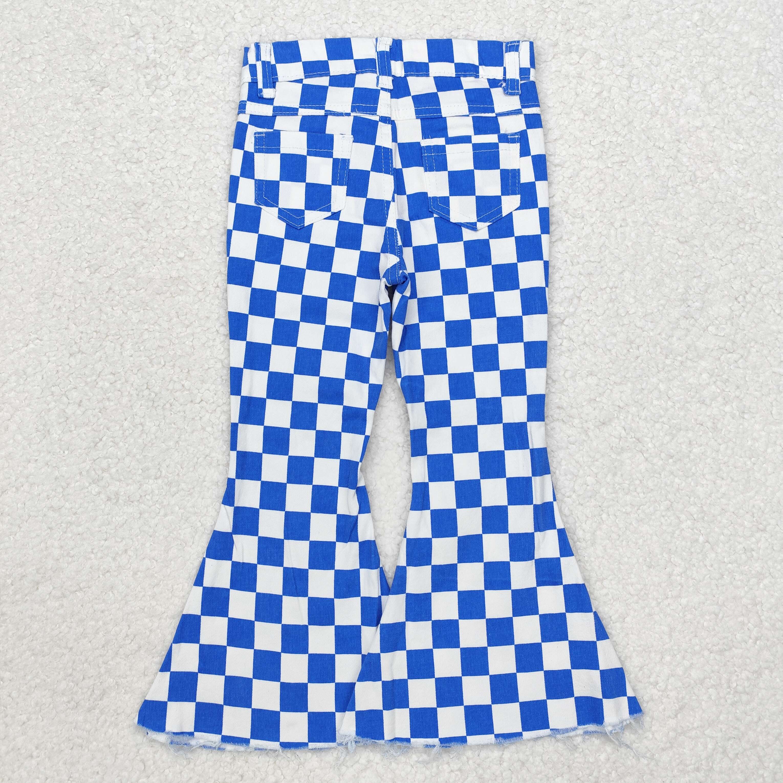 P0610 RTS baby girl clothes blue gingham girl bell bottoms pant jeans