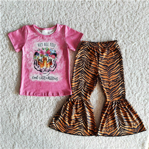 B11-14 girl hey all you tiger pink short sleeve spring fall set-promotion $2.99 2025.4.19-1