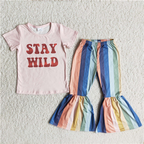 C11-3 RTS baby girl clothes stay wild colorful stripe spring fall set girl bell bottom set-promotion $2.99 2026.2.28