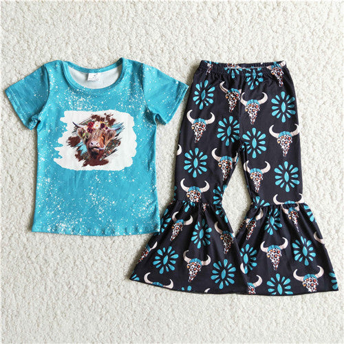 D8-28 girl blue cow farm short sleeve fall spring set-promotion $2.99 2026.2.28