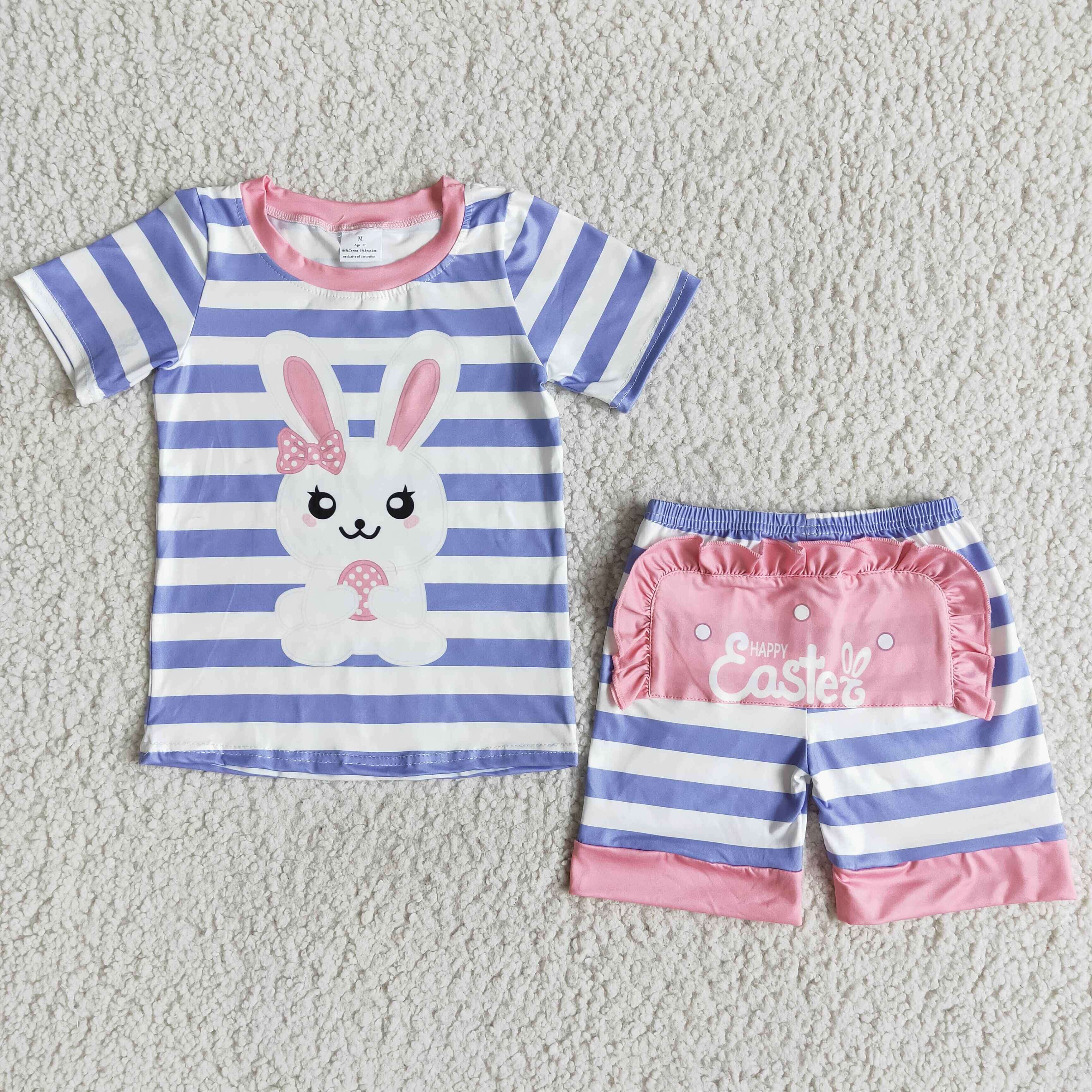 E7-17 girl easter bunny rabbit purple stripe short sleeve set-promotion $2.99 2026.1.31