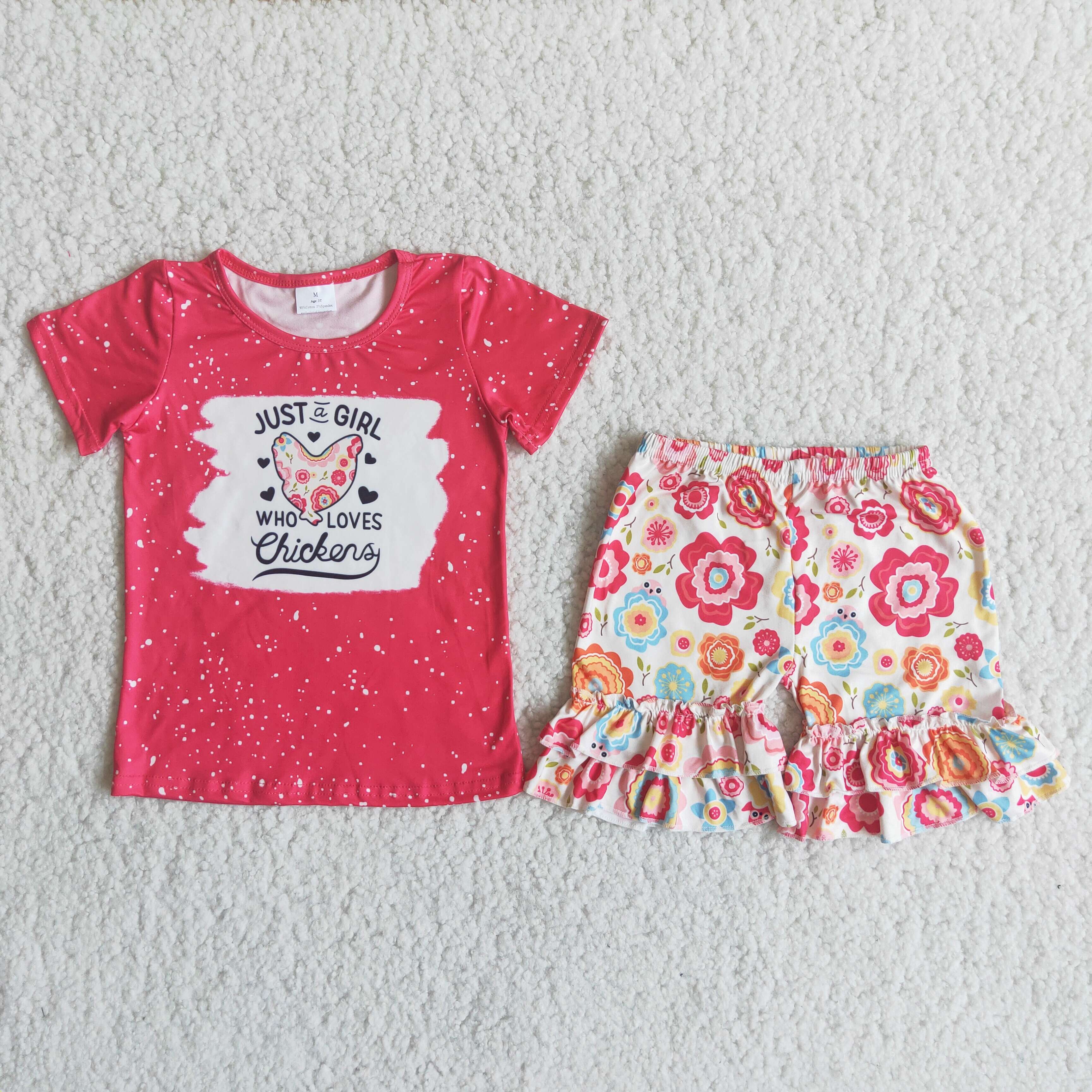 C14-4 girl pink just a girl who loves chicken short sleeve summer set--promotion 2025.5.10 $2.99