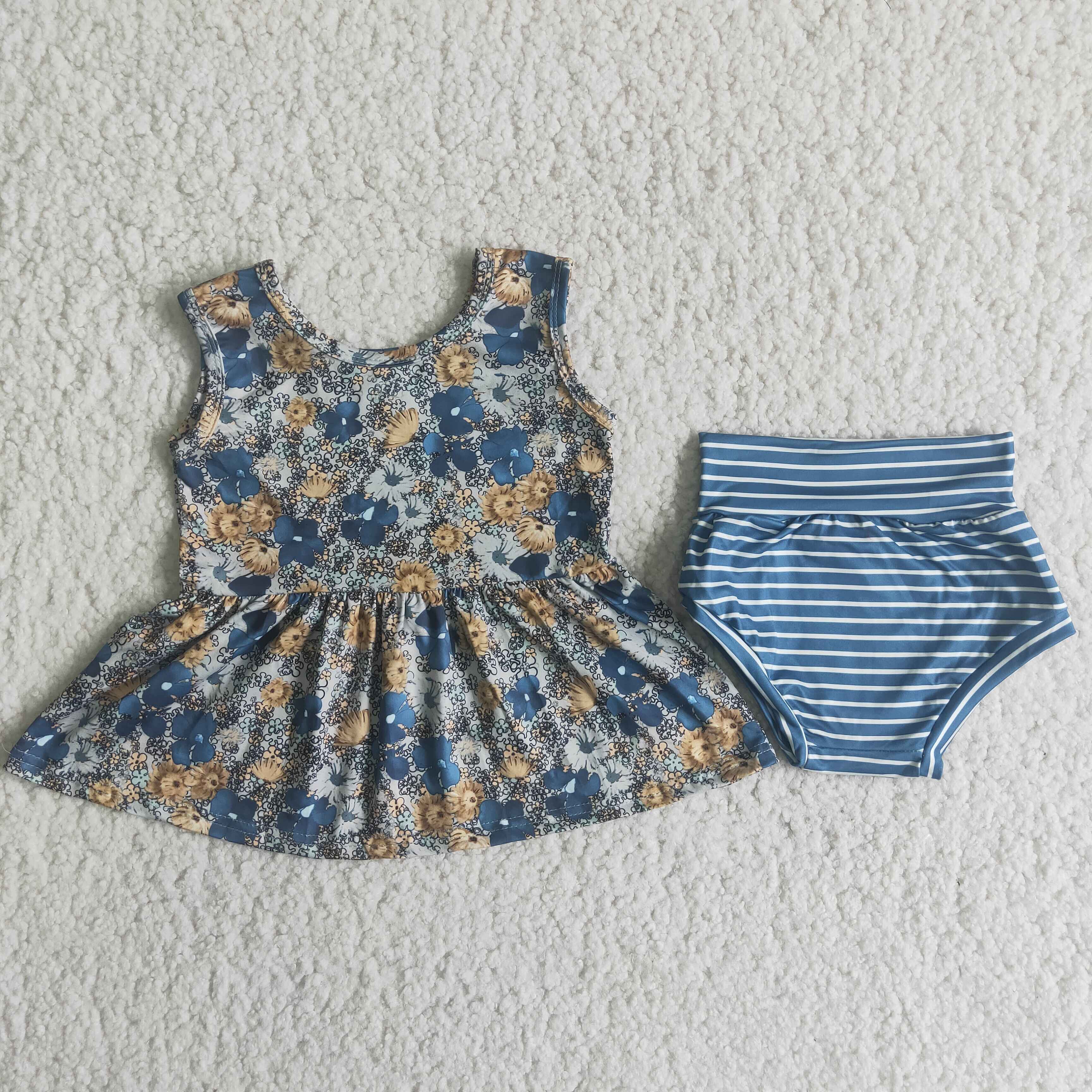A8-11 girl navy flower stripe sleeveless bummies set--promotion 2025.4.19 $2.99