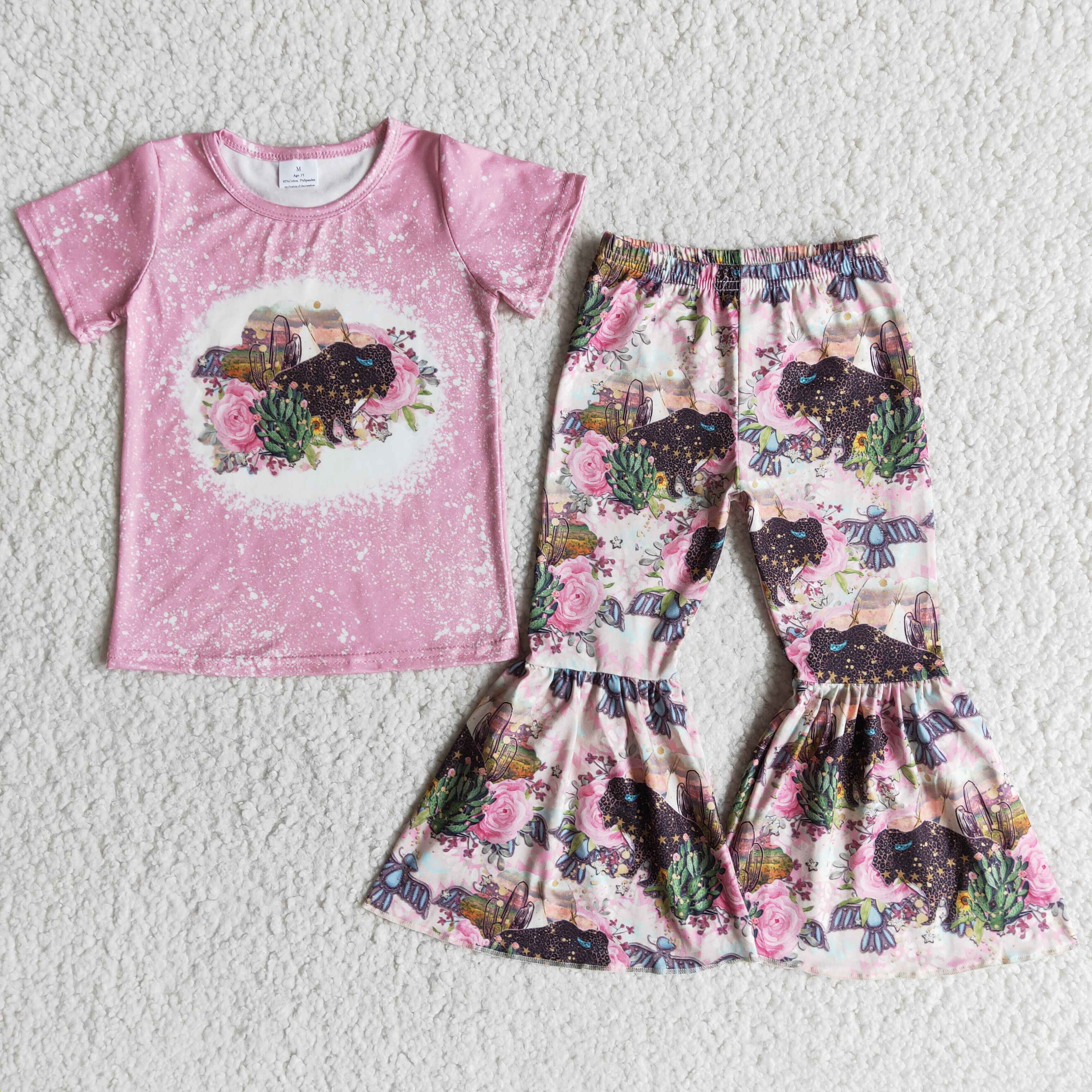 E12-15 girl clothes pink cactus cow farm short sleeve fall spring set--promotion 2025.4.5 $2.99