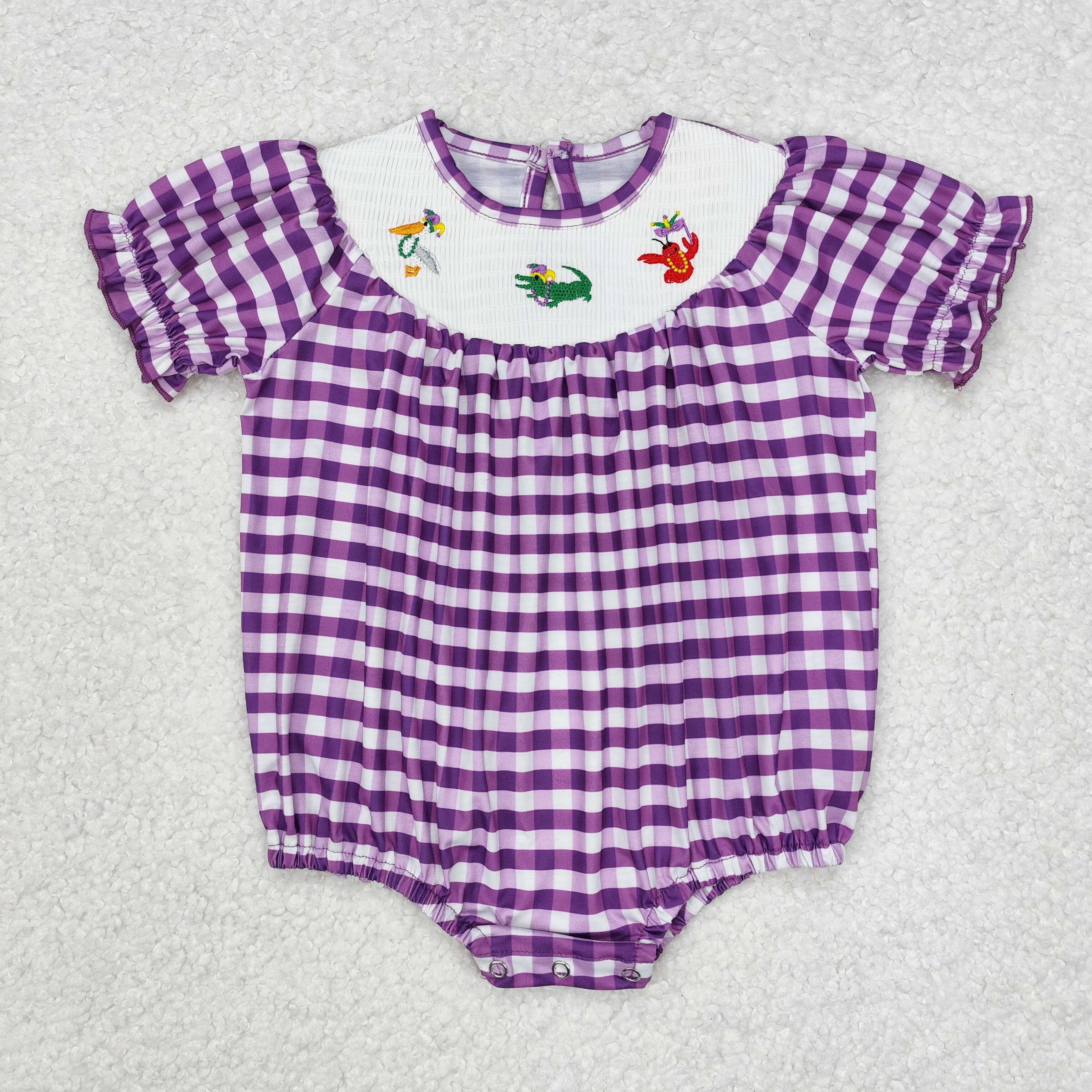 SR2060 RTS baby girl clothes animal smock purple plaid girl mardi gras bubble summer romper