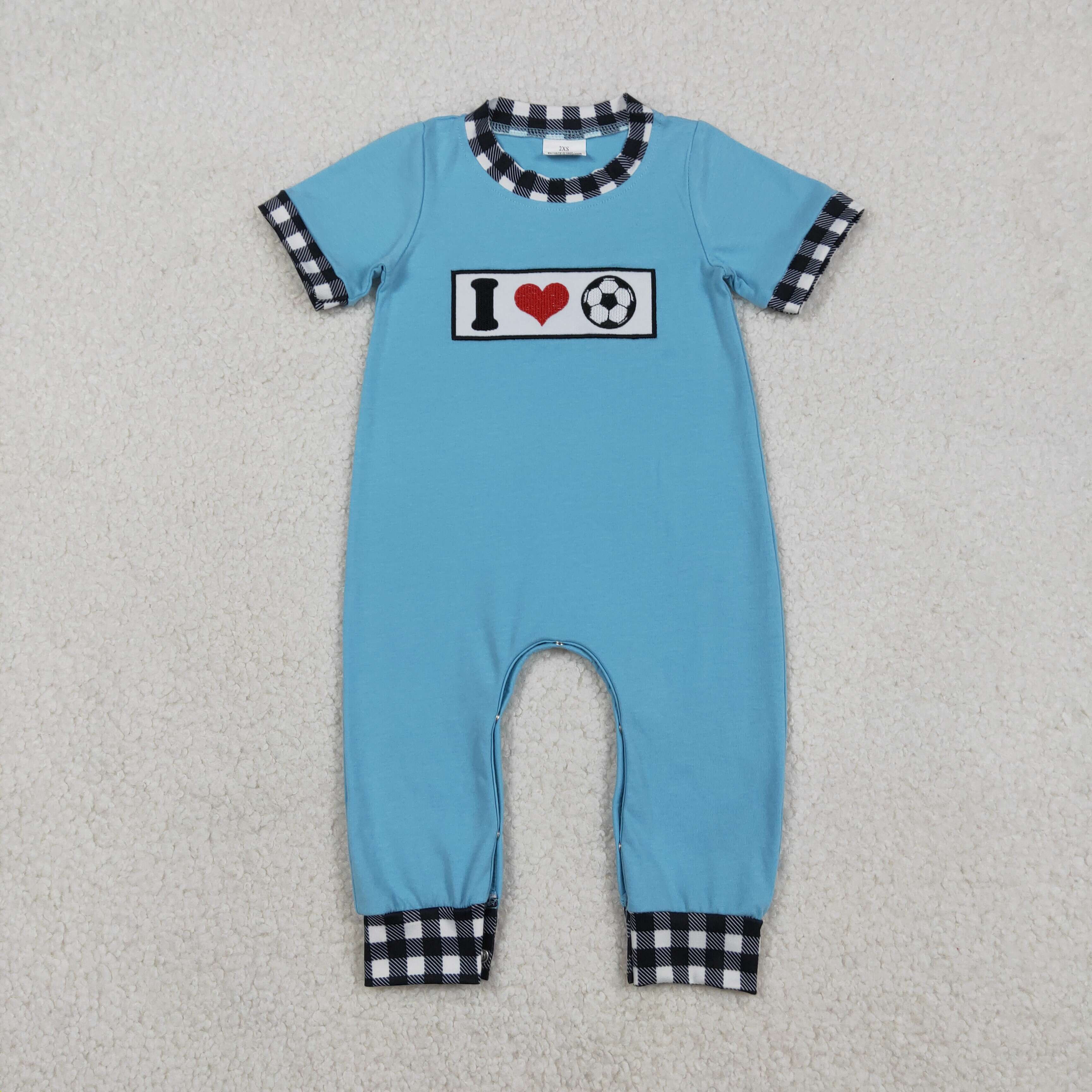 SR3369 RTS baby boy clothes blue cotton embroideried I love football summer romper 