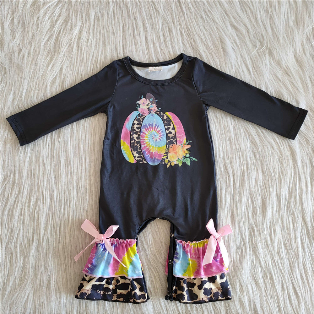 6 A25-12 girl halloween colorful pumpkin leopard black romper--promotion 2024.9.28 $2.99