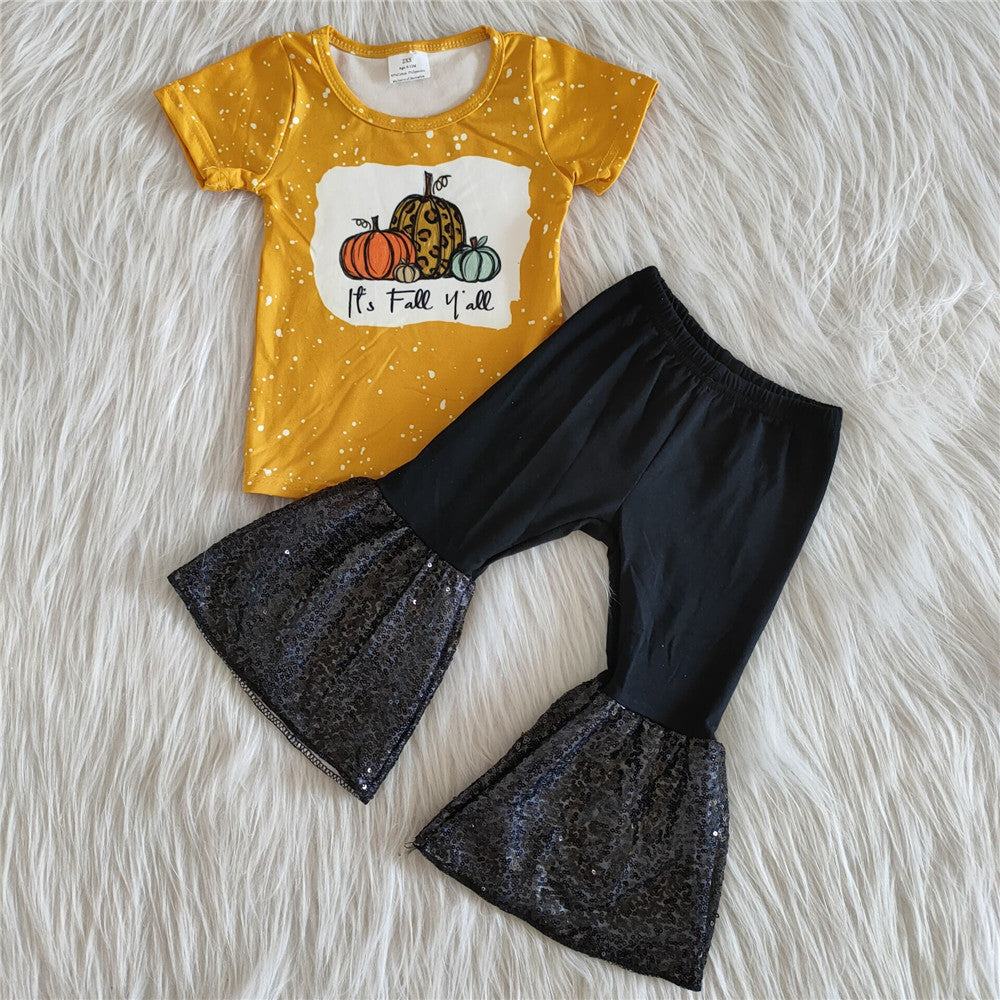 A2-12 girl pumpkin halloween yellow sequin bell bottom outfit-promotion 2025.9.27 $2.99
