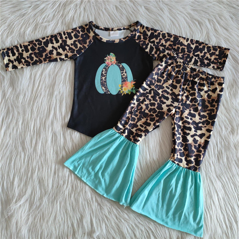 6 A13-15 girl pumpkin leopard blue long sleeve halloween outfit-promotion 2025.8.2 $2.99