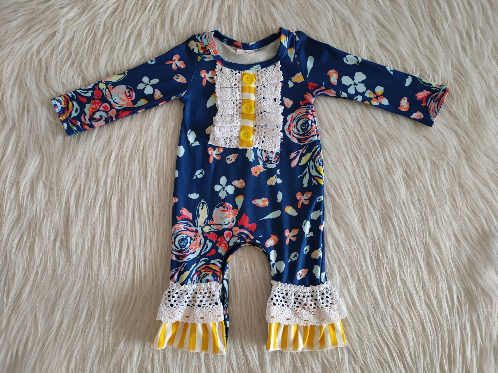 6 A26-3 girl navy floral yellow stripe winter long sleeve romper-promotion 2025.12.6 $2.99