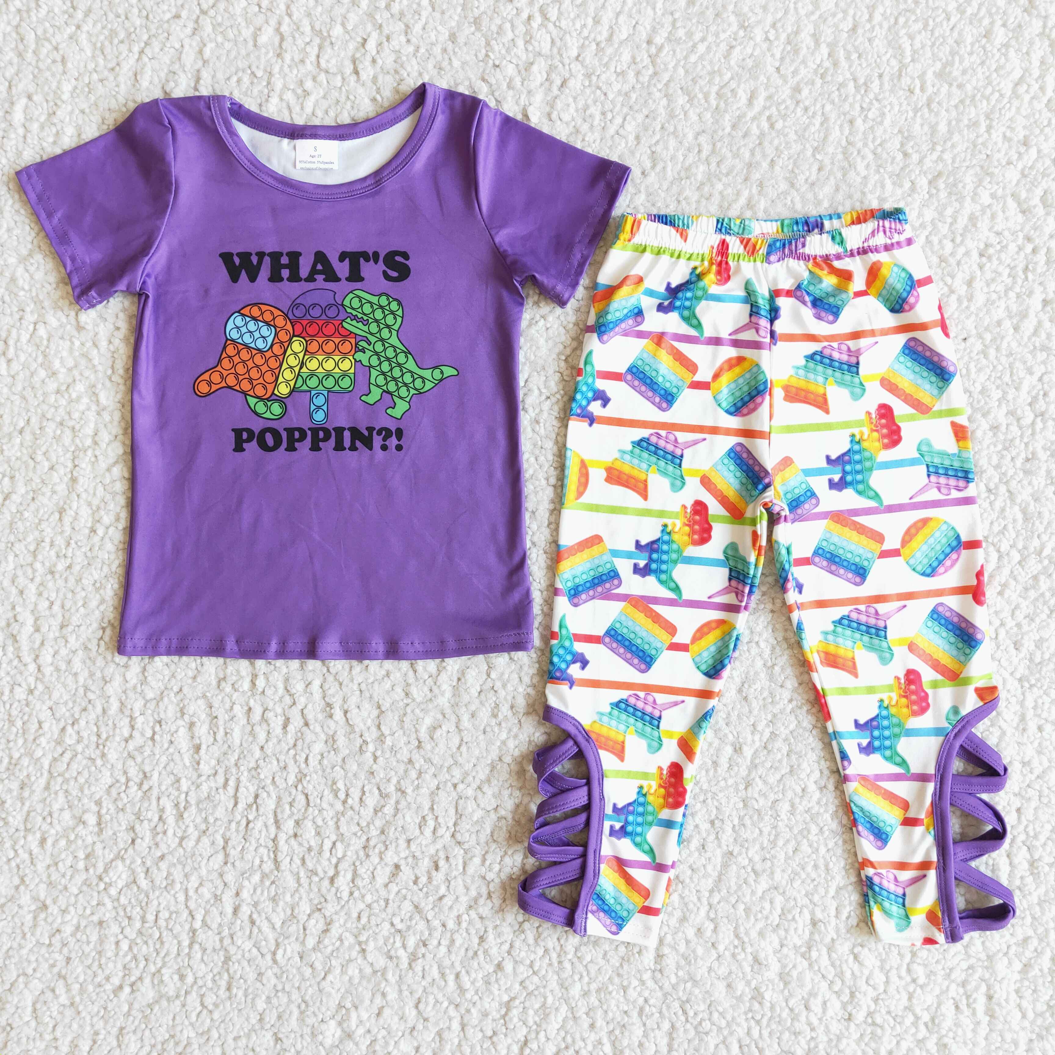 E6-19 girl purple what's poppin short sleeve spring fall set--promotion 2025.3.22 $2.99