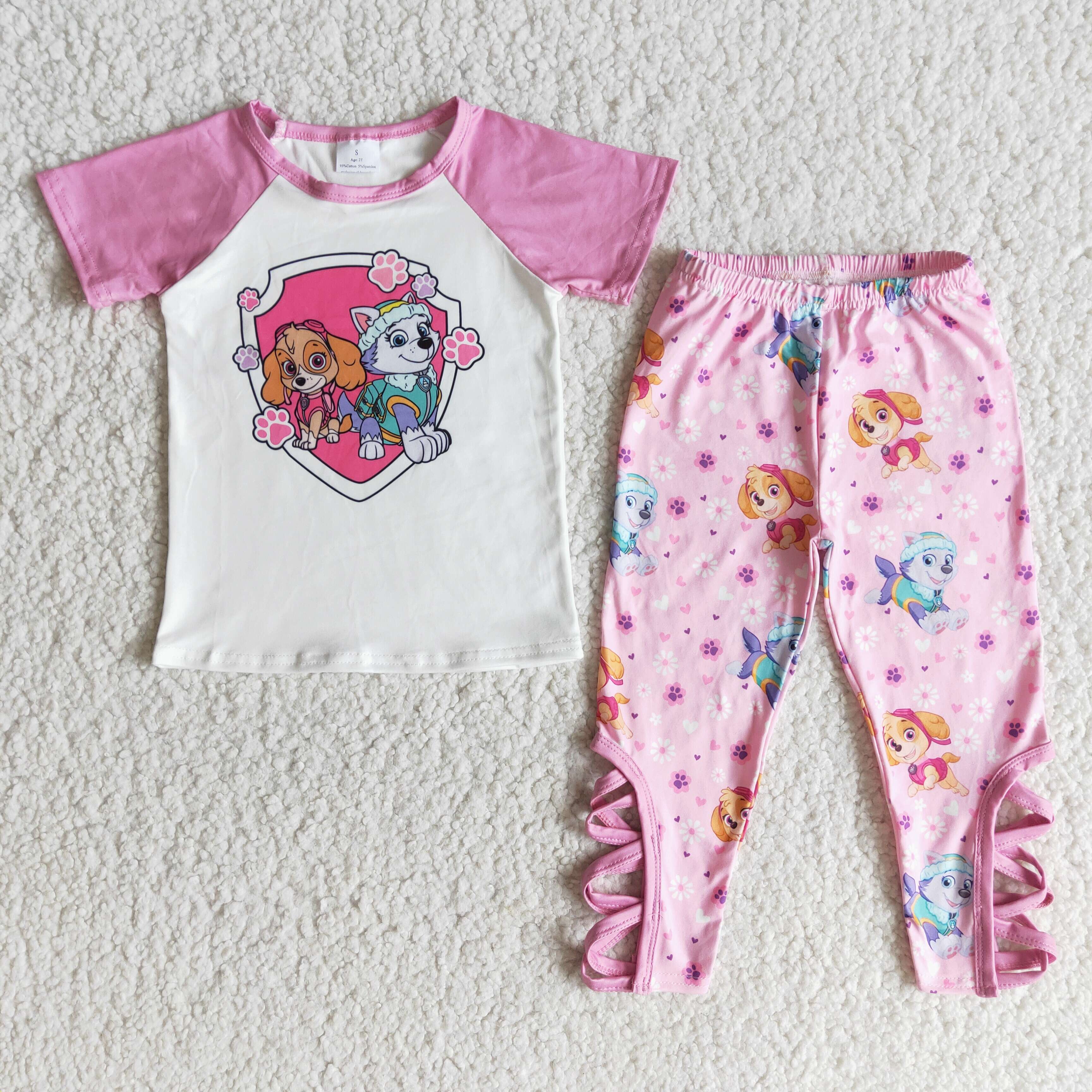 E6-29 girl cartoon pink dog spring fall short sleeve set--promotion 2025.3.22 $2.99