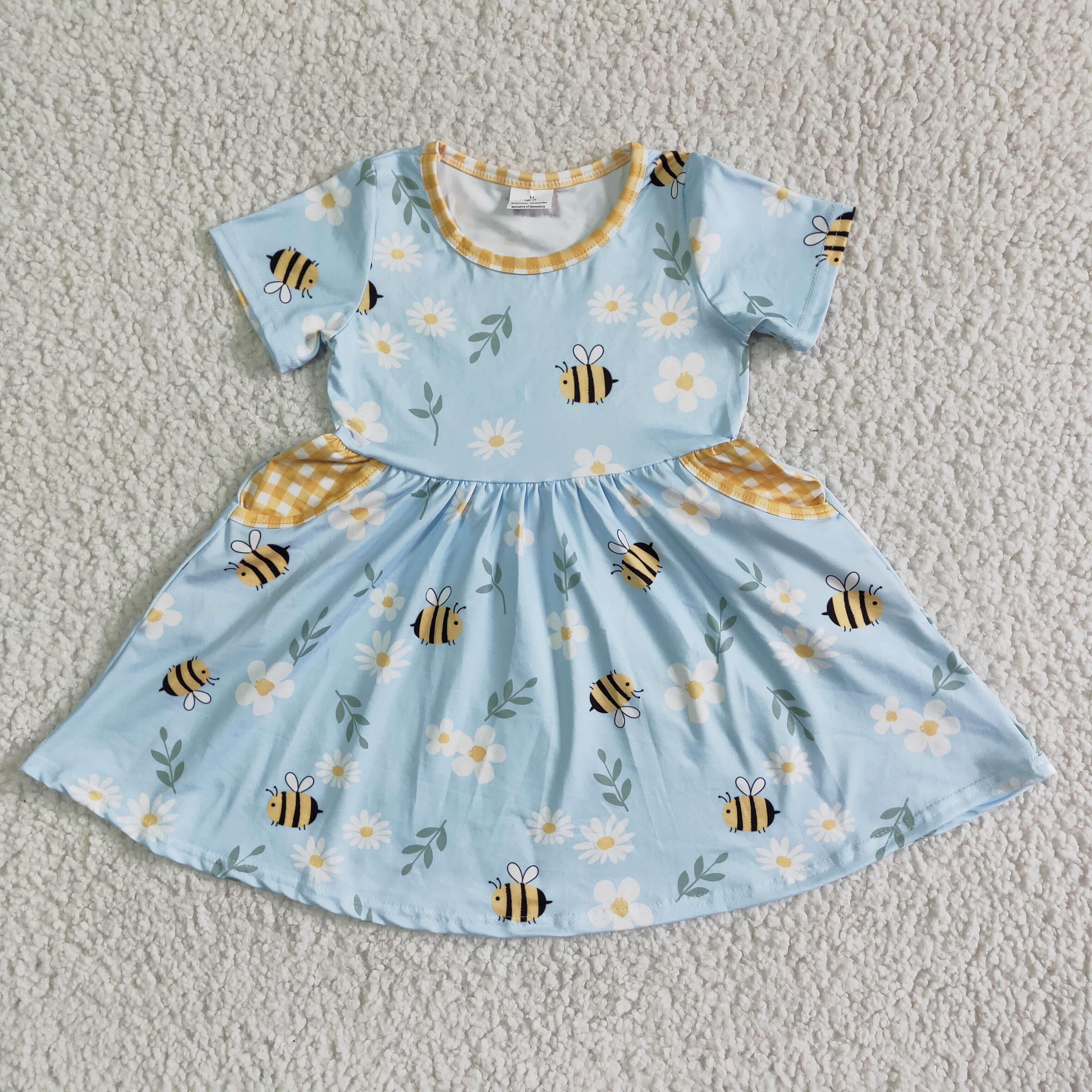 GSD0021 kids clothing summer bee farm short sleeve pocket dress--promotion 2025.6.14 $2.99