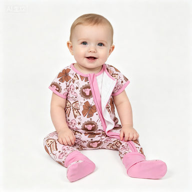 RTS SR3763  baby girl clothes pink bows print toddler girl summer romper