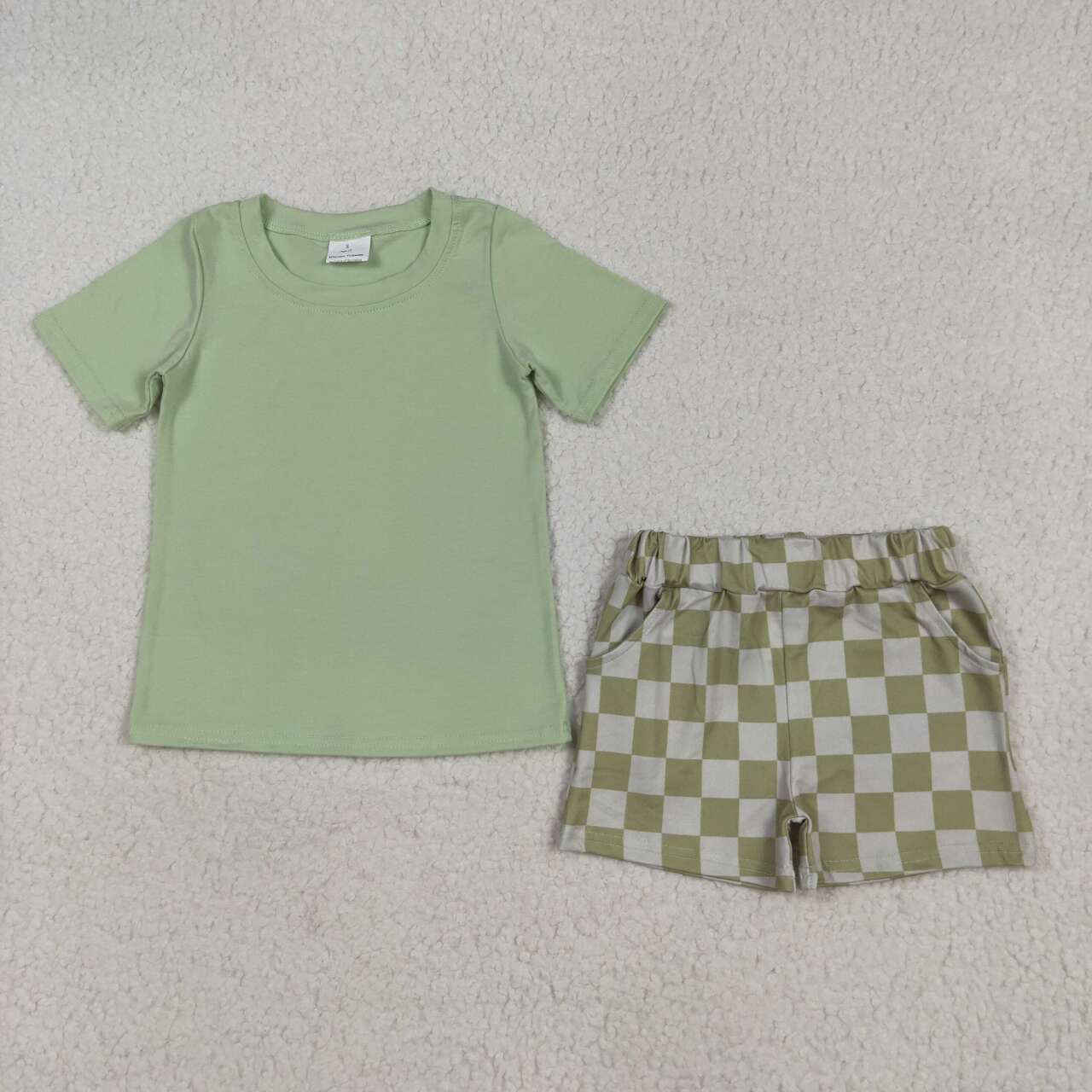 BSSO1470 RTS boy clothes green plaid toddler boy summer outfit