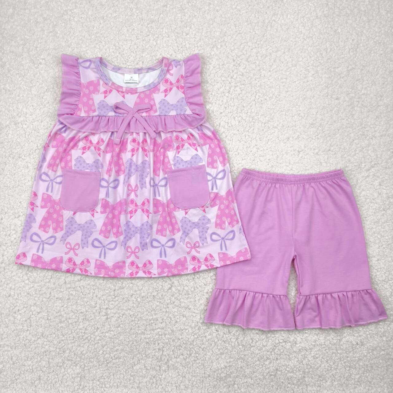GSSO2462 RTS girl clothes bows pocket toddler girl summer outfit