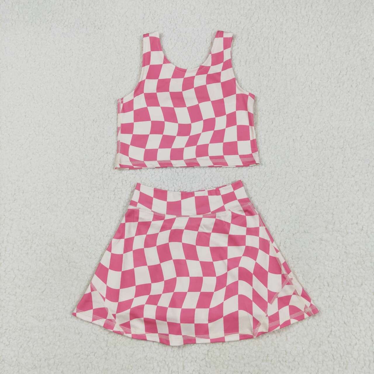 GSD2329 RTS girl clothes pink gingham girl summer set yoga clothes atheletic clothes
