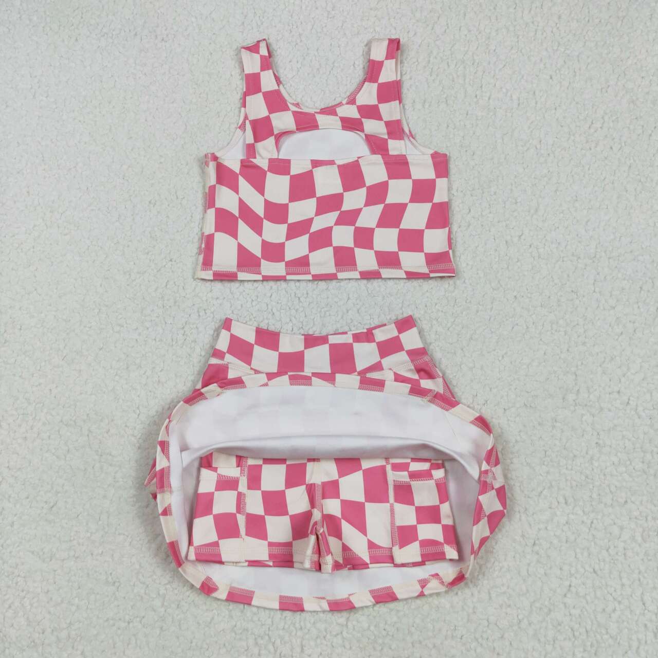 GSD2329 RTS girl clothes pink gingham girl summer set yoga clothes atheletic clothes