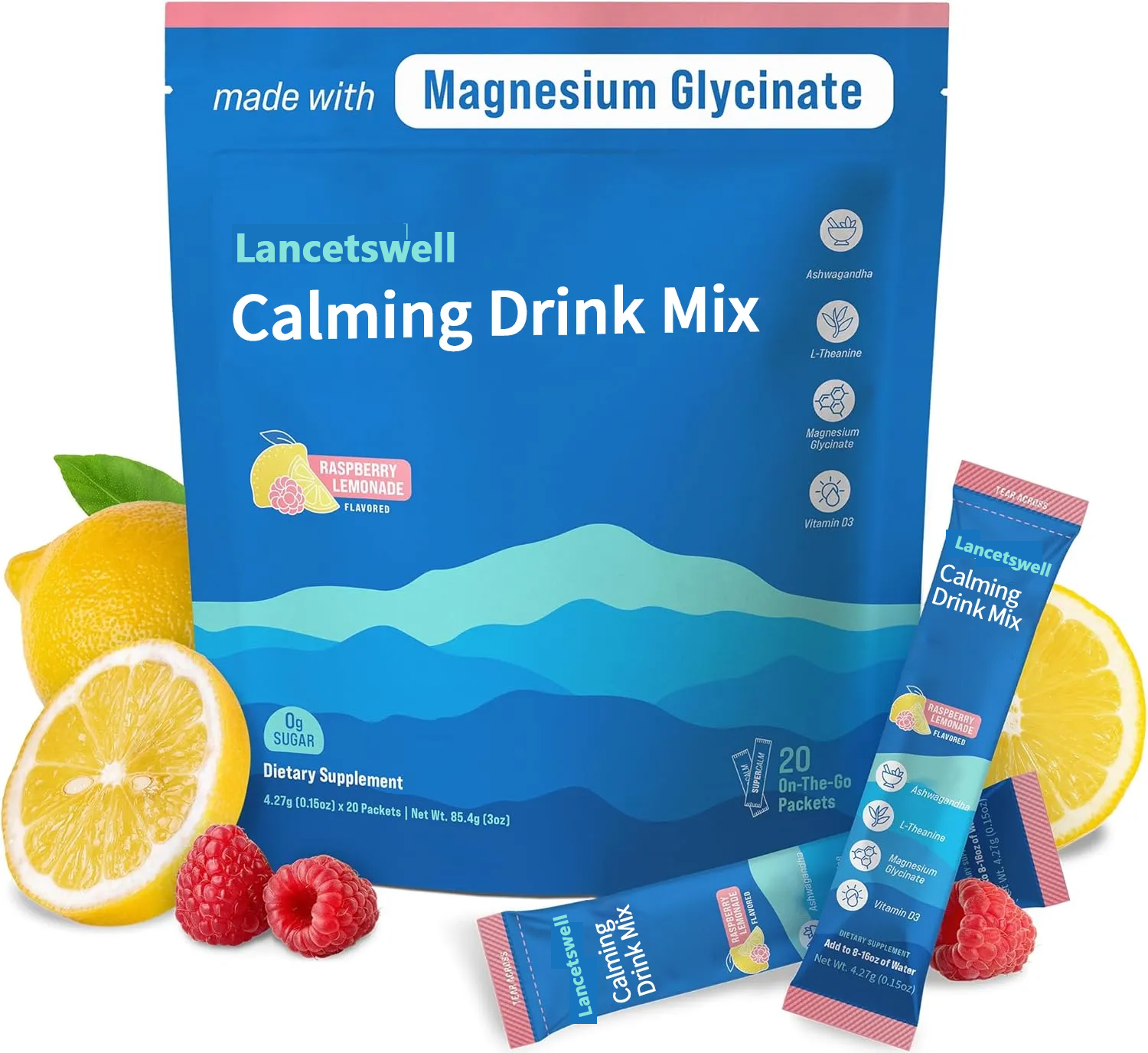 Lancetswell™ Powdered Drink Mix, Raspberry Lemonade, L Theanine, Ksm-66 Ashwagandha, Magnesium Glycinate, Vitamin D 3, Supplements for Relaxation & Focus, No Sugar, Non GMO,