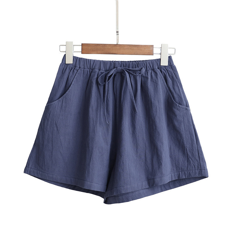 Women's Elastic Waist Pocket Linen Casual Short Pants-Datalatt