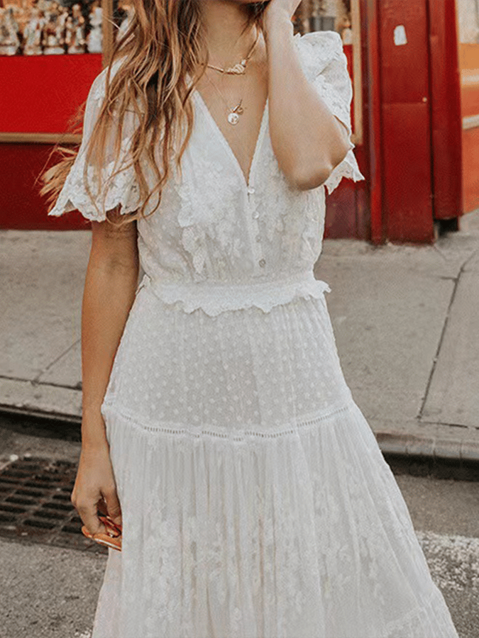 Women's Elegant v-neck Short Sleeve Lace Patchwork Embroidered Long Dresses-Datalatt