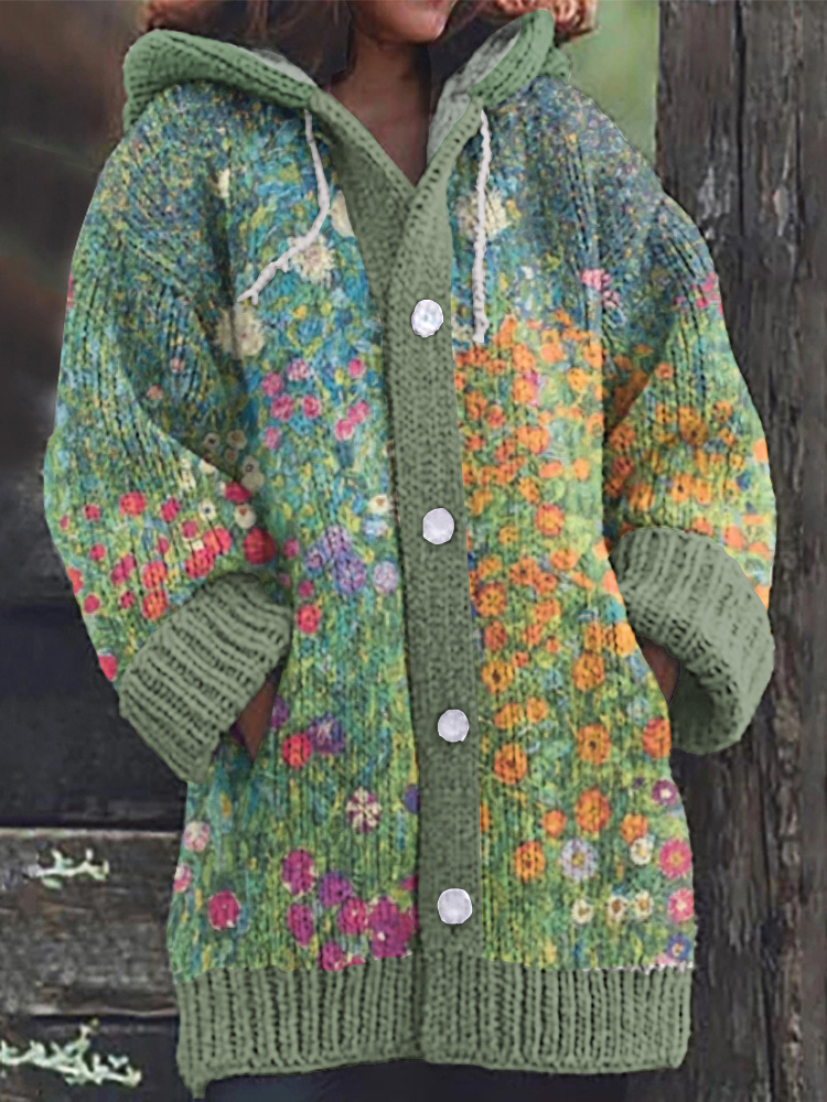 Oil Painting Art Warm Cozy Hooded Cardigan