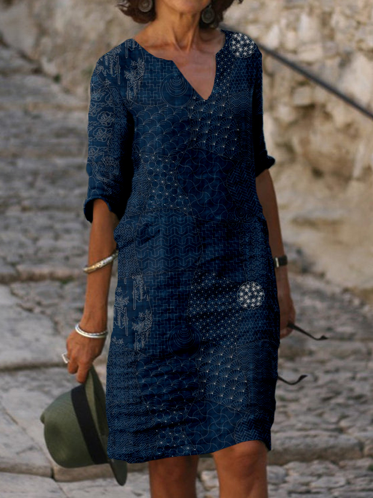 Japanese Traditional Sashiko Art Notch Neck Midi Dress-Datalatt