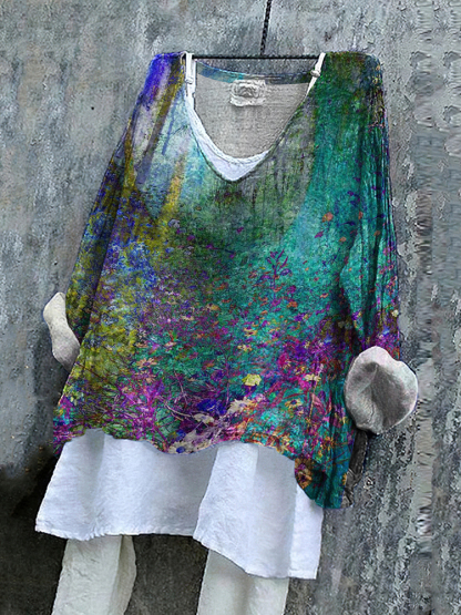 Abstract Floral Print V-Neck Casual Blouse-Datalatt