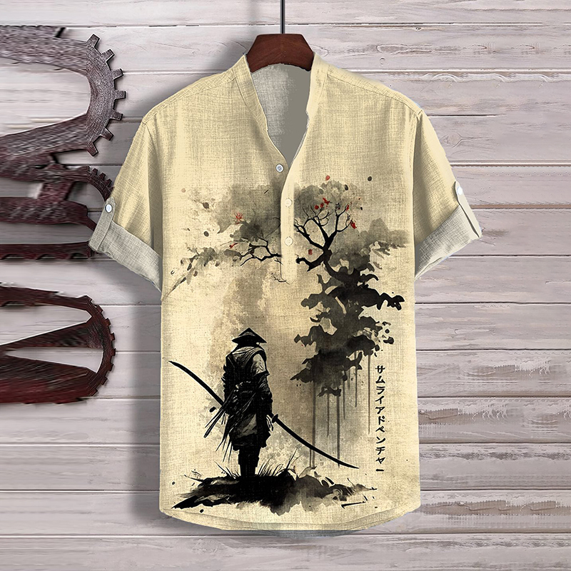 Men's Japanese Samurai Ink Art Print Half Button Shirt-Datalatt