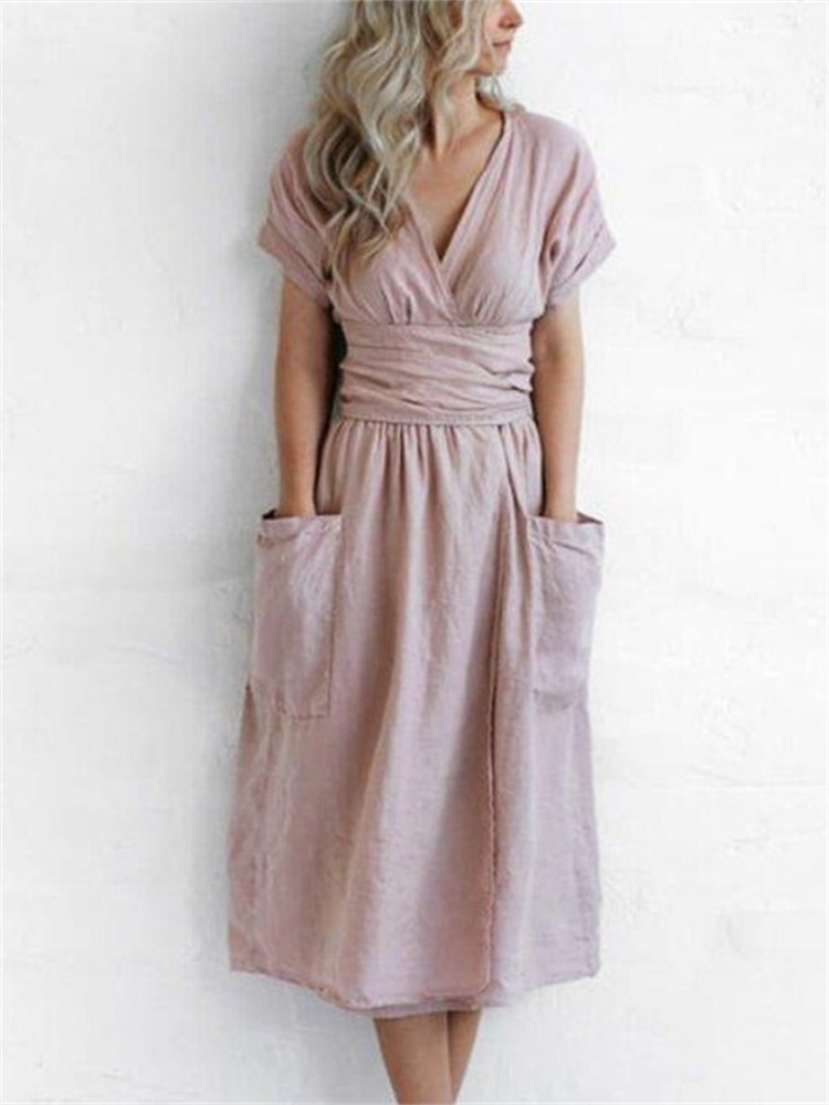 Patch Pockets Wrap Midi Dress-Datalatt