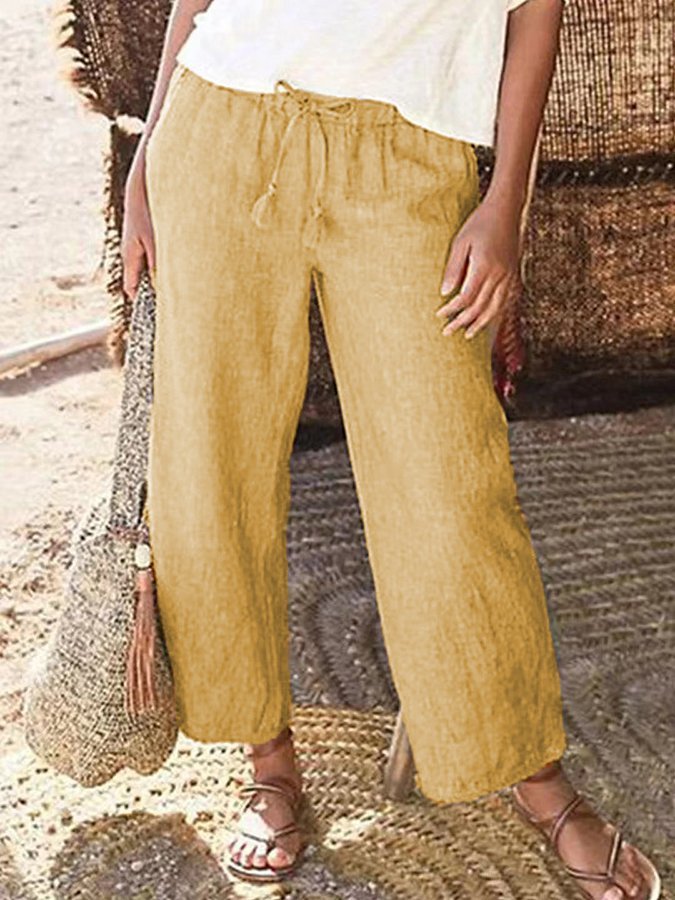 Women's Cotton Linen Drawstring Casual Cropped Pants-Datalatt