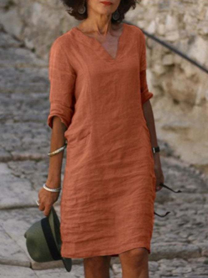 Casual Cotton And Linen Solid Color Dress-Datalatt