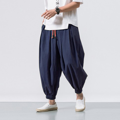 Men's Vintage Elastic Waist Drawstring Casual Loose Cotton Linen Pants-Datalatt