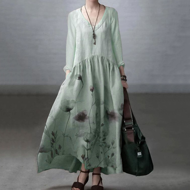 Japanese Art Floral Printed Long Sleeve V-neck Midi Dress-Datalatt
