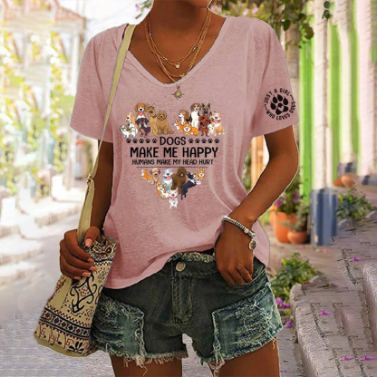 Just A Girl Who Loves All Her Dogs Print V-Neck T-Shirt-Datalatt