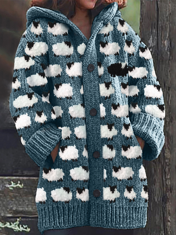 Vintage Sheep Fleece Pattern Cozy Knit Hooded Cardigan-Datalatt