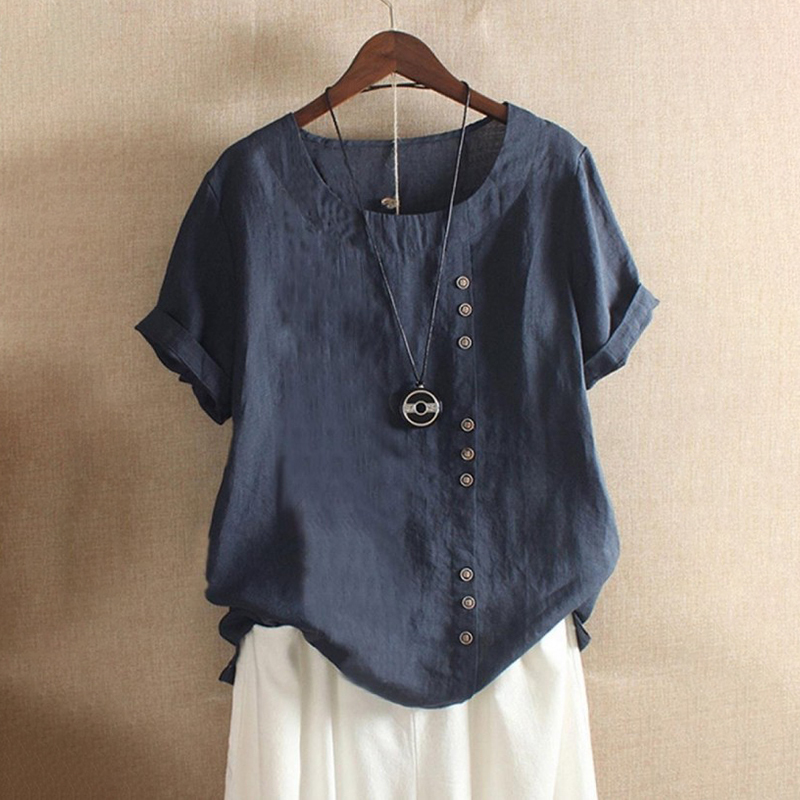Round Neck Solid Color Buttons Short Sleeves T-shirt-Datalatt