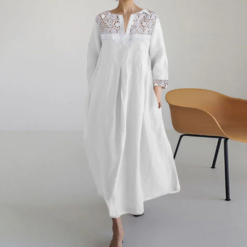 Ladies Cotton And Linen Lace Casual Loose Dress-Datalatt