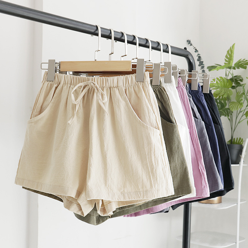 Women's Elastic Waist Pocket Linen Casual Short Pants-Datalatt