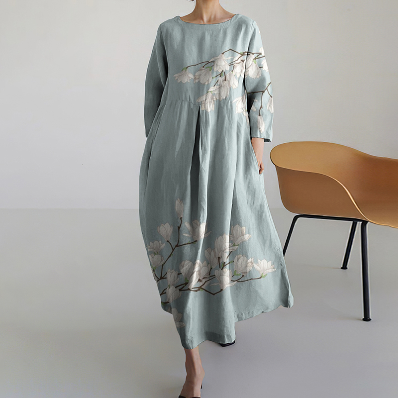 Women Japanese Art Floral Pattern Linen Blend Maxi Dress-Datalatt