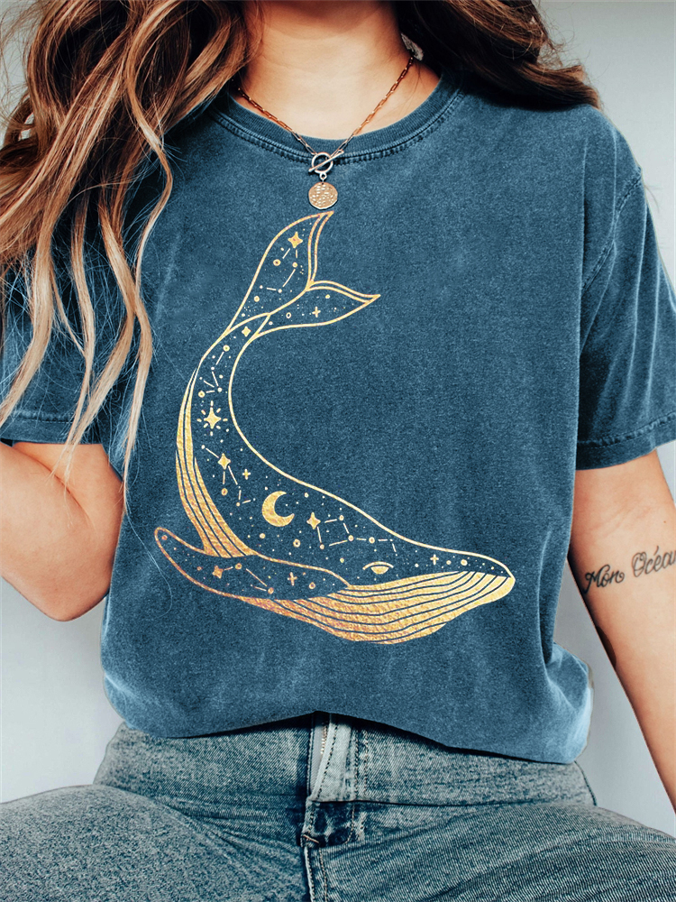 Celestial Whale Graphic Vintage Washed T Shirt-Datalatt