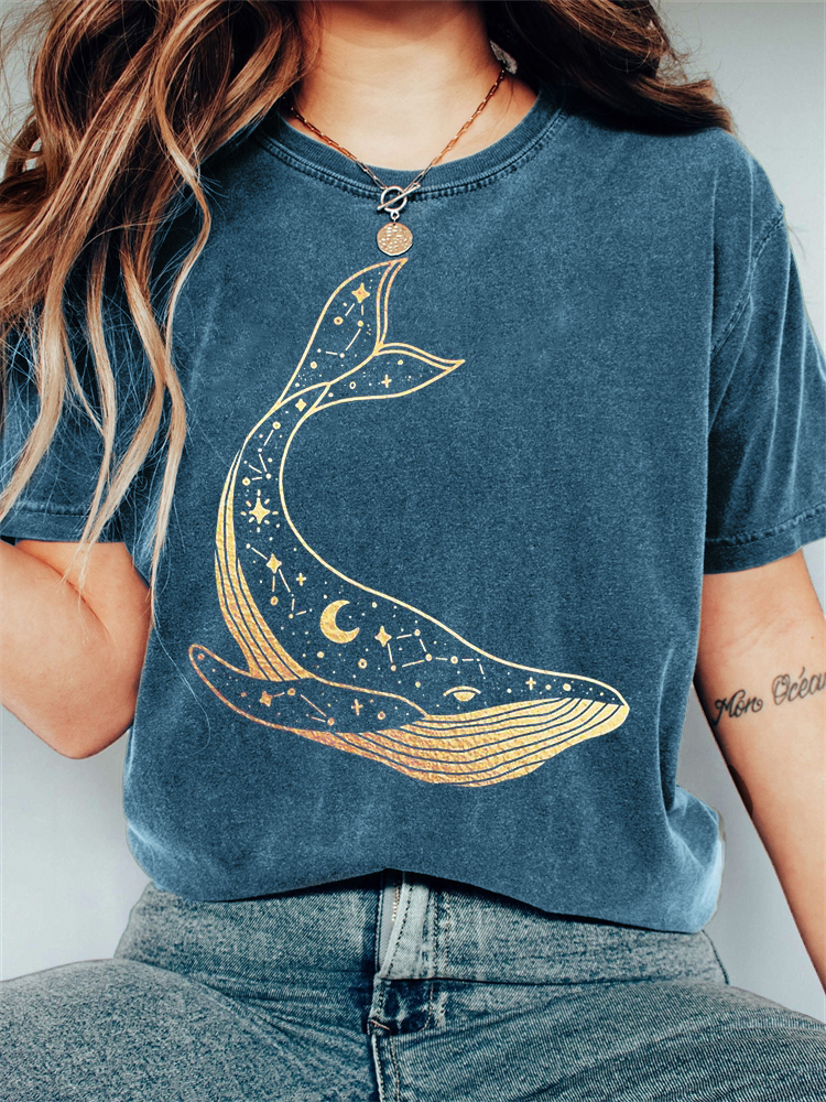 Celestial Whale Graphic Vintage Washed T Shirt-Datalatt